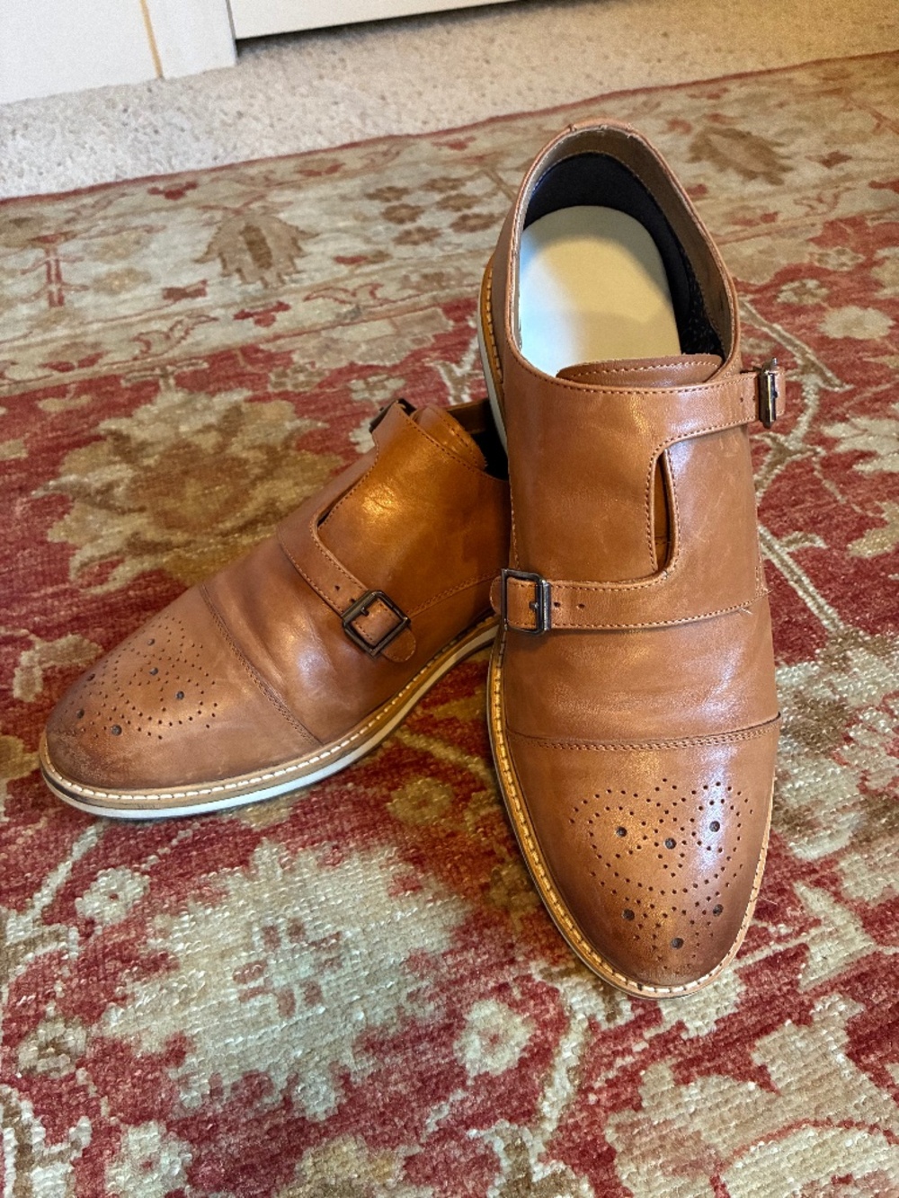 Thomas and Vine Cognac Ransom Cap Toe Double Monk Strap Shoes